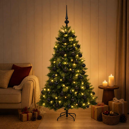 Konstgjord julgran med julkulor 120 cm 150 LED-lampor Varmvit