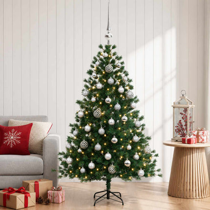 Konstgjord julgran med julkulor 120 cm 150 LED-lampor Varmvit