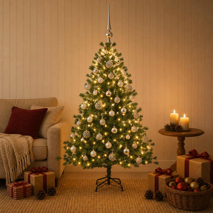 Konstgjord julgran med julkulor 120 cm 150 LED-lampor Varmvit