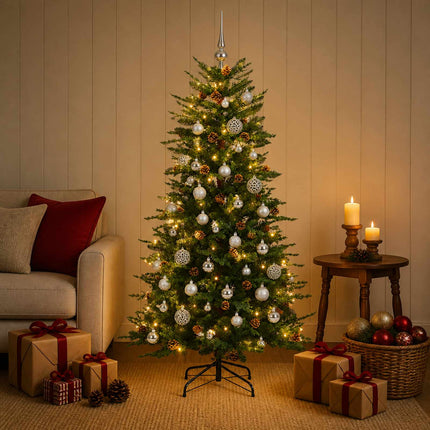 Konstgjord julgran med julkulor 120 cm 150 LED-lampor Varmvit