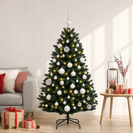Konstgjord julgran mörkgrön med julkulor 120 cm 150 LED-lampor