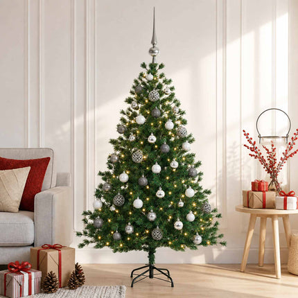Konstgjord julgran med julkulor 120 cm 150 LED-lampor Varmvit