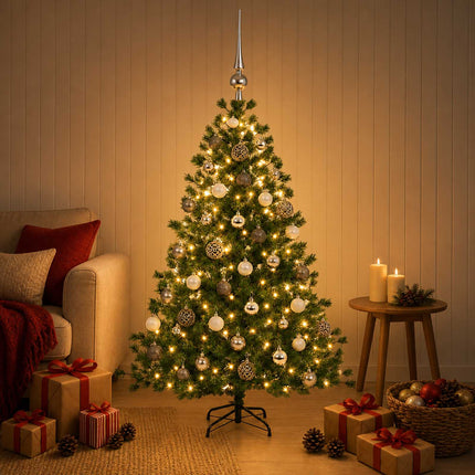 Konstgjord julgran med julkulor 120 cm 150 LED-lampor Varmvit