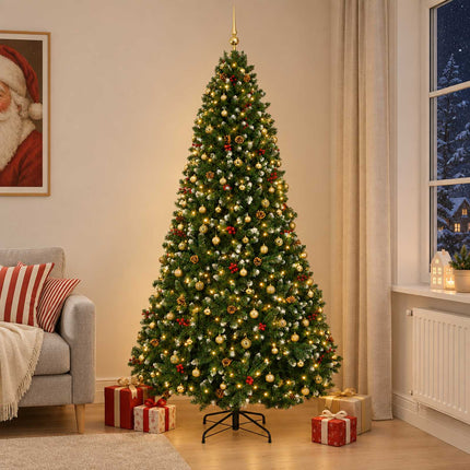 Konstgjord julgran grön med julgranskulor 270 cm 300 LED-lampor