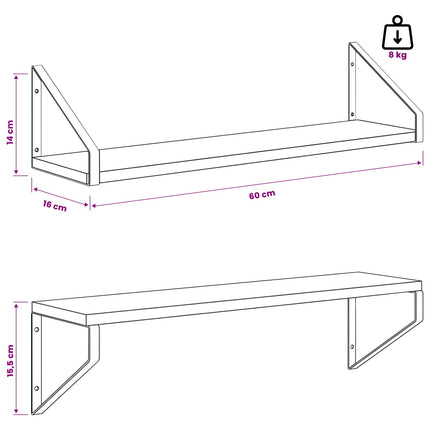 Vägg hyllor 2 st Betonggrå 60 x 16 x 15,5 cm