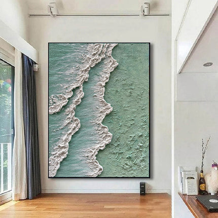 Ocean Waves Abstract Textured Thick Oil Painting Hand Painted Green And White Cream Style Texture Canvas Art Wabi Sabi Painting Waves Art Decor