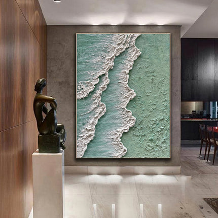 Ocean Waves Abstract Textured Thick Oil Painting Hand Painted Green And White Cream Style Texture Canvas Art Wabi Sabi Painting Waves Art Decor