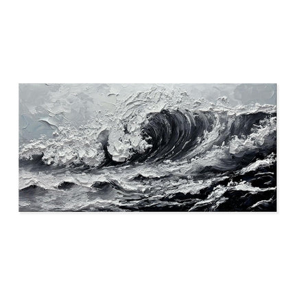 Large Gray And White Seawaves Seascape Oil Painting On Canvas Handmade Black Texture Knife Thick Wall Art For Living Room Decor Mural