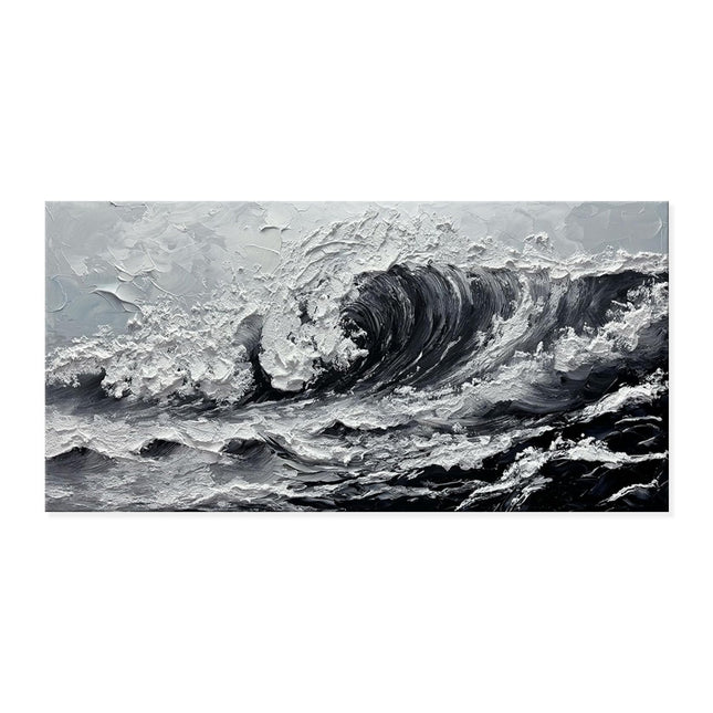 Large Gray And White Seawaves Seascape Oil Painting On Canvas Handmade Black Texture Knife Thick Wall Art For Living Room Decor Mural