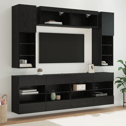TV väggskåp set med led 6 pcs Svart Ek Konstruerat trä