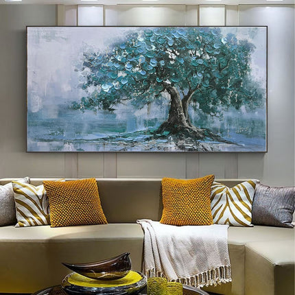 Large Handpainted Palette Knife Green Big Tree Oil Painting On Canvas Modern Abstract Landscape Art Poster Wall Pictures Home Decor