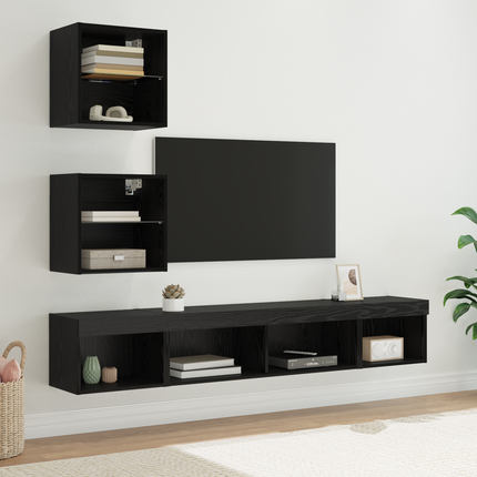 TV-väggenheter med LED 5 st Svart Ek Konstruerat trä