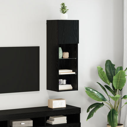 Väggmonterad TV-skåp 30,5 x 30 x 90 cm Svart Ek Konstruerat trä