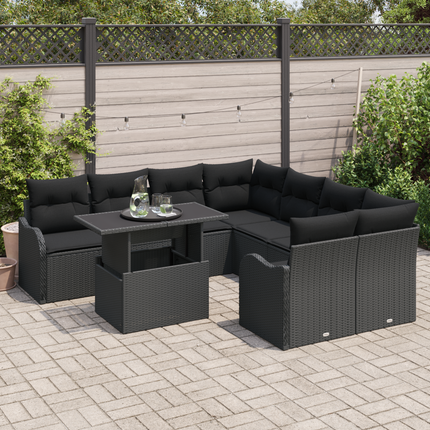 Trädgårdsoffset 9 st 8-Antal sittplatser Svart Polyrattan