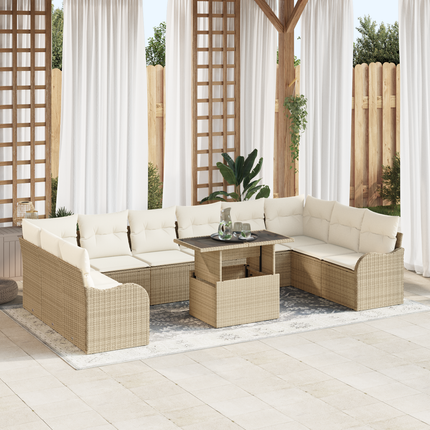 Trädgårdsoffset 11 st 10-Antal sittplatser Beige Poly Rattan